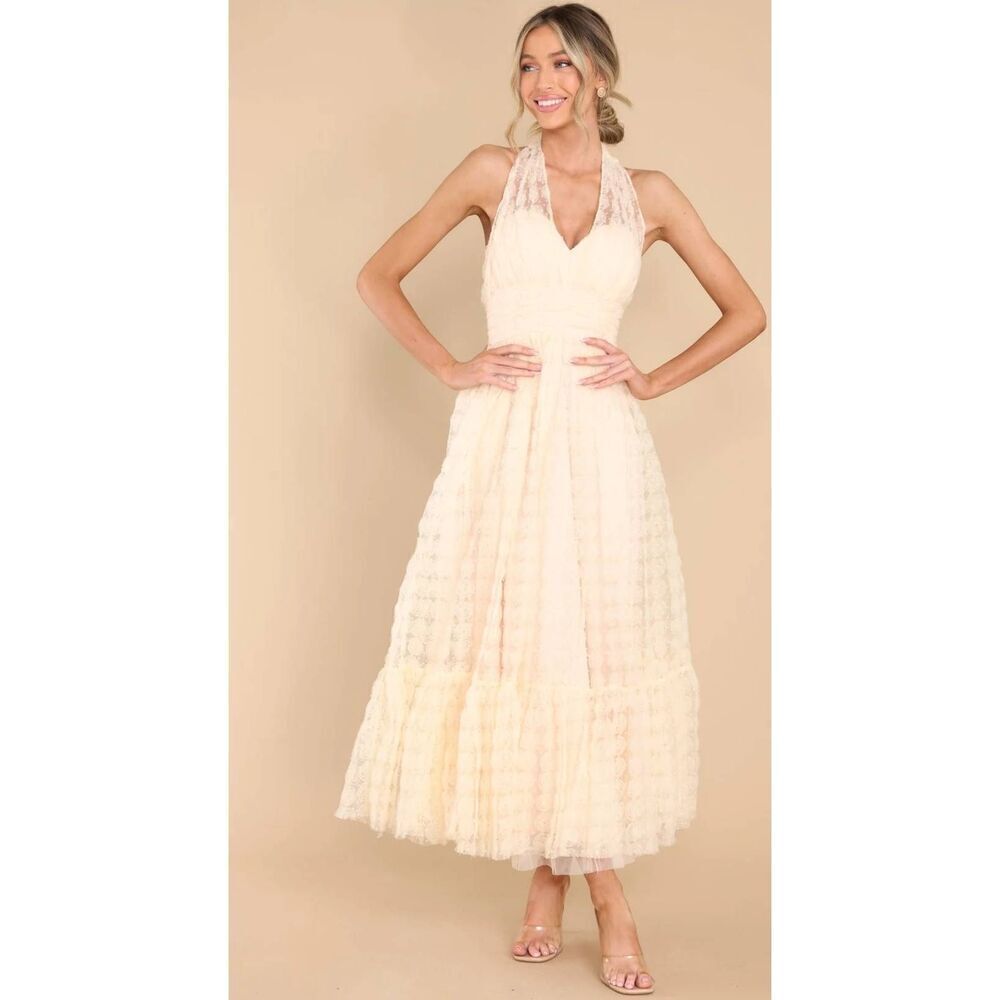 Mable Ivory over Peach Rose Tulle Maxi Dress, Halter Neck, Inset Waist with shou